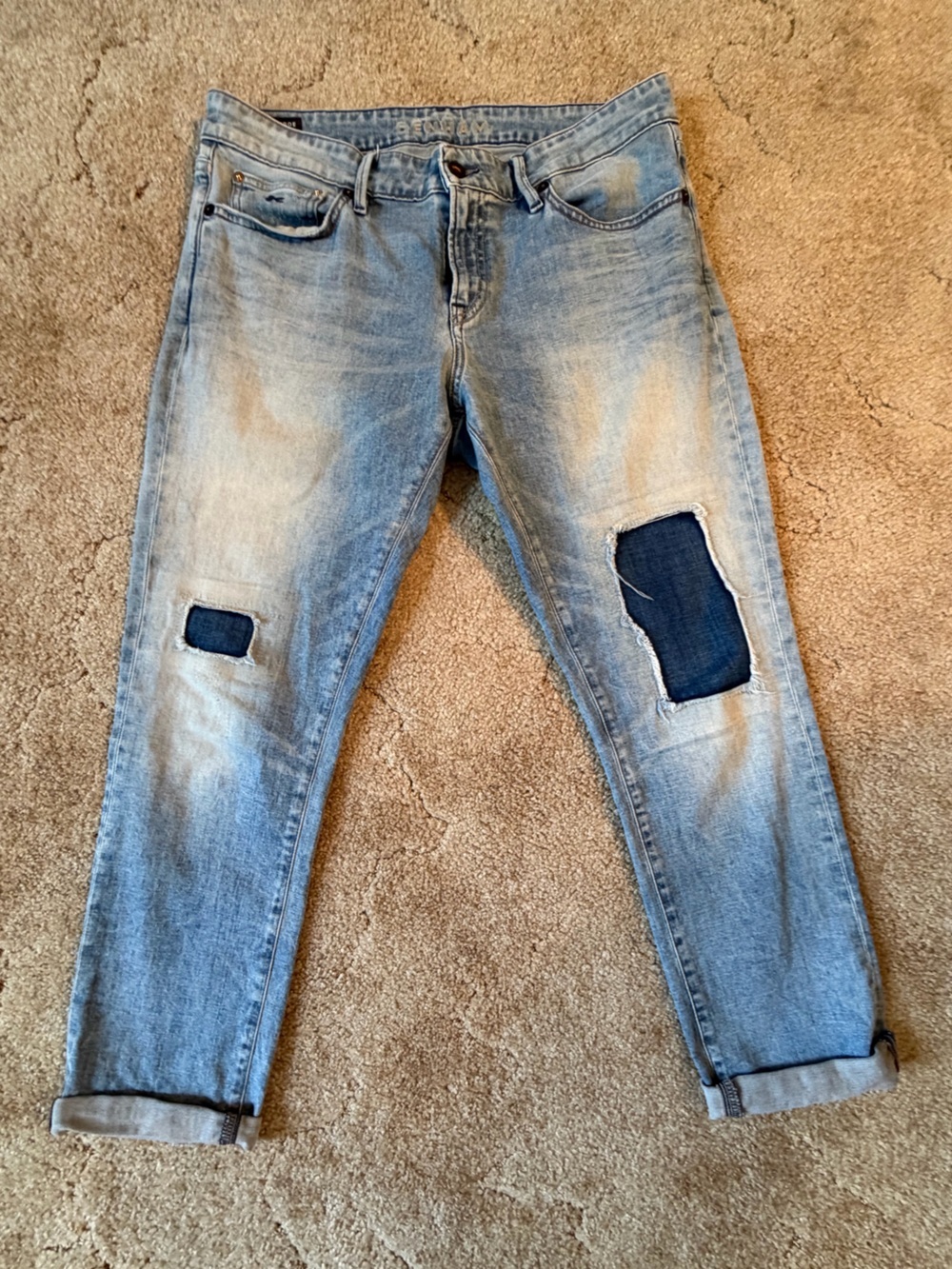 Denham Jeans Light Blue Boyfriend Jeans with Dark Patch Details